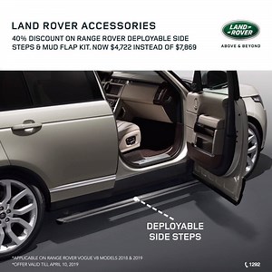 Benefit from a 40% discount on Deployable Side Step and Mud Flap Kit for Range Rover Vogue V8 2018 & 2019 Models. Now $4,722 instead of $7,869. Contact us on 1292 to find out more about our accessory offers. Offer valid till April 10, 2019. Limited Quantities Available. #LandRover #RangeRover #Accessories #Lebanon #Beirut #Luxury | Land Rover Lebanon - Mana Automotive