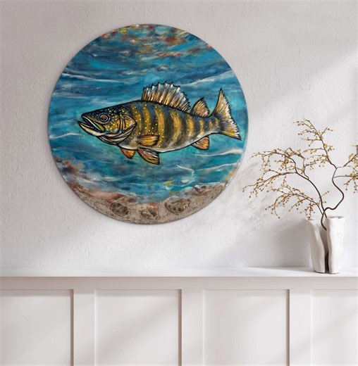 Yellow Perch Original Encaustic Painting – 14” Round – Great Lakes Fish Art With Petoskey Stones - Etsy