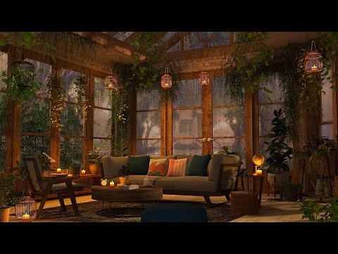Rain on Roof with Heavy Rain Sounds & Thunder | Greenhouse Ambience at Night | 3 Hours