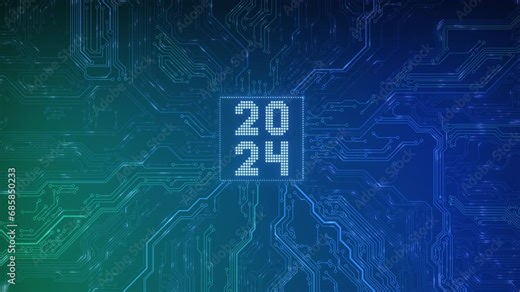2024 on circuit board or PCB motherboard with cpu. Computer technology and internet communication digital abstract background. Happy new 2024 year. Artificial intelligence AI neural network concept