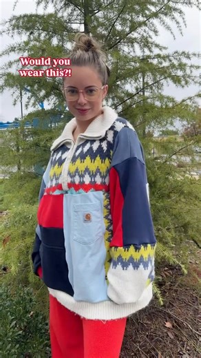 Would you wear my one of a kind design?! ✨☁️ So cozy and cute for fall! #rework #sewing #handmade #sewingproject #upcycle #sewingblogger | Katswalkco