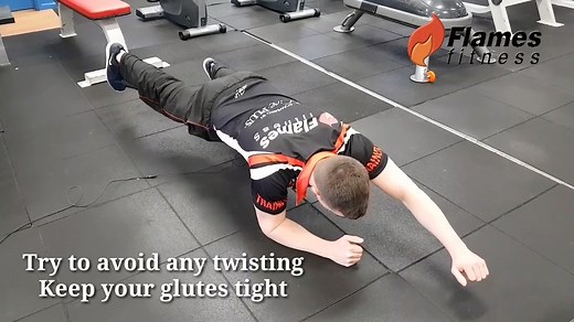 **Flames fitness Exercise of the Week** A Prone Isometric hold (or a plank), is a great exercise for core strength Remember to squeeze your glutes throughout the hold tilting your pelvis and engaging Transverse abdominus. For a fantastic special offer click here https://www.flamesfitness.com.au/kick-start-2019/ | Flames Fitness