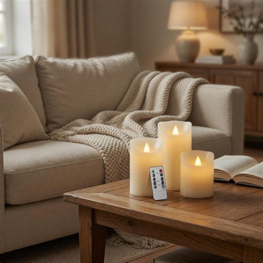 Set of 3 Ivory Real Wax LED Flameless Candles, Remote Control Home Décor
