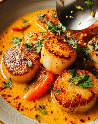 Bold, creamy, and packed with flavor—these Spicy Coconut Curry Scallops are a quick yet elegant dish. Tender scallops simmered in a rich coconut curry sauce make for a meal that’s both comforting and exciting. .............. Full Recipe in Coʍmеոτ 💬 | Donerecipe by Sarah