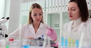 Two scientists conduct an experiment and discuss the result. Testing and laboratory industry development science concept