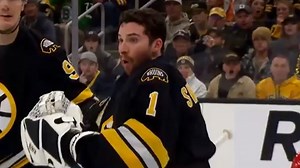 A very close shave for Bruins’ Swayman on Myers’ bullet from the point