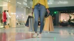 Front view woman walking going with bags shopping mall buy unrecognizable shopaholic sale boutique store discount fashionable style brand trendy clothes black friday new collection spend money things