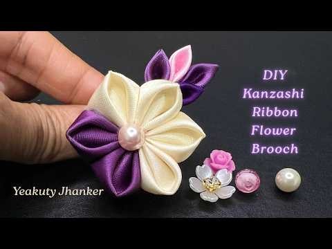 DIY- Cute and Elegant Brooch. Handmade Kanzashi Flower with Satin Ribbon.