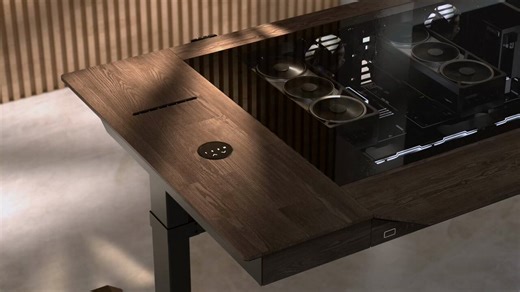 ‼️ NEW DROP ‼️Meet the DK-07 Wood• Dark walnut real wood + tempered glass• Single or dual E-ATX support• Motorized sit-stand with presets• Built-in wireless charging• Cable management + storage• GPU support up to 383mm#lianli #pc #setup