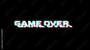 Looping GAME OVER text animation with glitch effect isolated on black screen background. Glitch GAME OVER motion graphics text on video game screen. Cyberpunk effect with RGB distortion