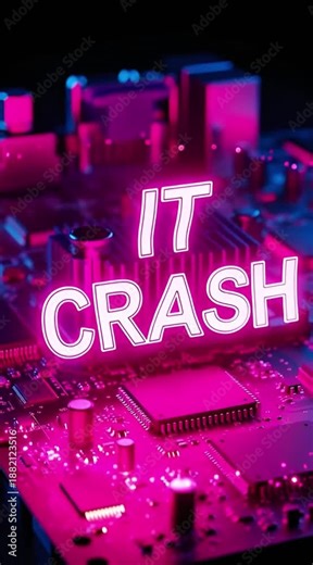 Neon IT Crash text glowing over detailed computer motherboard circuit board with pink and blue lighting digital failure concept