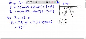 The bent wire shown in Fig. 28 42 lies in a uniform magnetic field. Each straight section is 2.0  m long and makes an angle of θ=60^∘ with the x axis, and the wire carries a current of 2.0  A. What is the net mag netic force on the wire in unit-vector notation if the magnetic field is given by (a) 4.0k T and (b) 4.0T̂? | Numerade