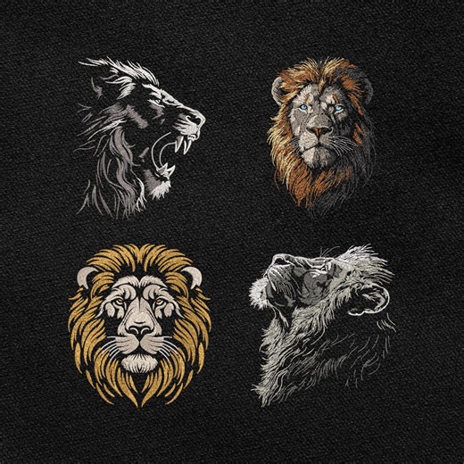 Lion Embroidery Designs SET: Roaring and Regal Heads for Hoodies, Jackets, Dark Fabric Ready - Etsy