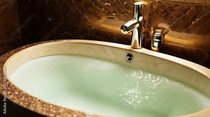 Camera zooms in on a luxurious bathroom with a freestanding tub, marble tiles, and brass fixtures, highlighted by cinematic lighting. Stock Video