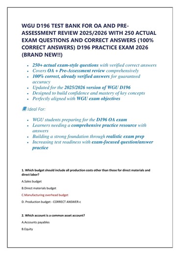 Wgu D196 TEST BANK 2025 2026 250 Exam Questions Answers For Oa And Pre Assessment Review