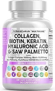 Clean Nutraceuticals Collagen Pills 1000mg Biotin 10000mcg Keratin Saw Palmetto Hyaluronic Acid - Hair Skin & Nails Vitamins & DHT Blocker with Vitamin E Folic Acid Pumpkin Seed MSM - 90 Count