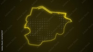 Neon Yellow Andorra Map Borders Outline Loop Background. Neon Yellow Colored Andorra Map Borders Outline Seamless Loop Dark Background. Andorra Neon Map Borders Outline.