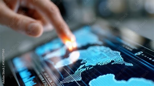 Digital World at Your Fingertips: A close-up view of a hand interacting with a digital interface, revealing a global map and data visualization, illustrating the power of modern technology.