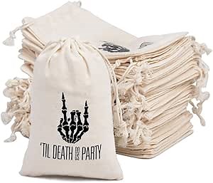 10 Premium Organic Muslin Drawstring Bags 4x6" - Wedding Party Favor Set for Bachelorette Hangover Kits & Holiday Gifting | Reusable Double-Layer Unbleached Cotton Pouches ('til death do us party)