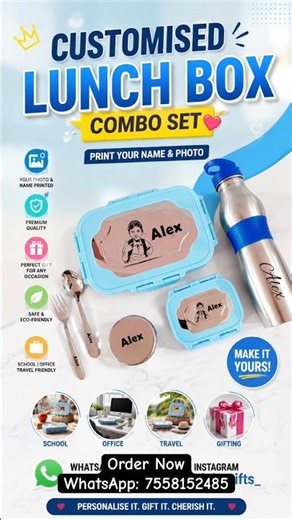 🎒 Customised Lunch Box Combo Set for Kids 😍 | Name & Photo Print