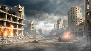 Seamless looping 4K time-lapse virtual video animation background of a post-apocalyptic war-torn city with destroyed buildings, burning debris, dark sky, and heavy smoke
