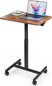 Simple Deluxe Standing Desk Small Rolling Desk with Lockable Wheels, Mobile Stand Up Desk Adjustable Height, Portable Laptop Desk, Small Computer Standing Table Sit Stand Brown