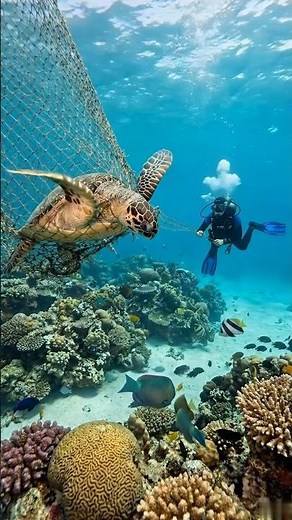 Diver Saves Trapped Sea Turtle Just in Time 🐢❤️ (Emotional Rescue) #animalrescue #wildlife #viral