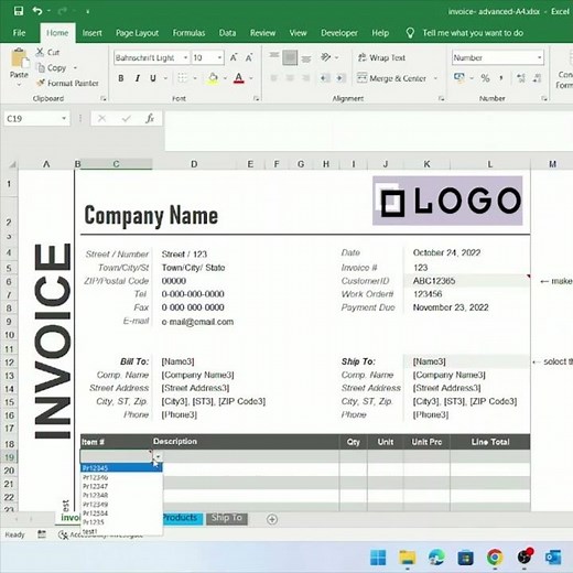 Advanced invoice template. Designed for microsoft excel and google sheets.