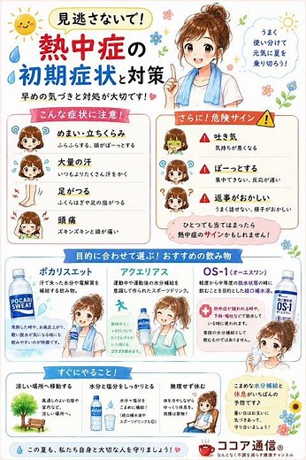 絶対に見逃さないで‼️熱中症の初期症状 熱中症予防 熱中症対策#熱中症 #めまい #足がつる #吐き気 #水分補給 #立ちくらみ
