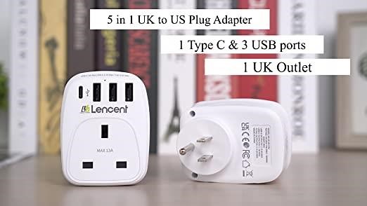 UK to US Plug Adapter with 3 USB Ports and 1 Type C