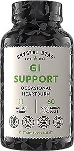 Crystal Star GI Support Supplement (60 Capsules) – Herbal Gut Health Supplement that soothes Occasional Heartburn and Supports Acid Reflux – Ginger, Slippery Elm Bark & Betaine HCL – Non-GMO