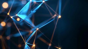 Download Abstract digital network background with glowing connections and geometric shapes in blue and orange tones, representing technology and communication. for free