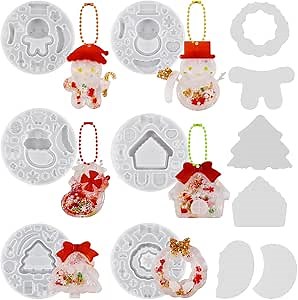 6 Pcs 3D Christmas Resin Molds Xmas Resin Shaker Molds with Seal Film Snowflake Snowman Quicksand Silicone Epoxy Casting Moulds for DIY Ornament Charms Pendant Christmas Decoration