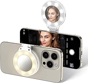 JJC Magnetic Phone Selfie Ring Light, Rechargeable Cell Phone Light with 3 Light Modes/3 Brightness Levels, 180 Flip & Built-in Mirror Design Phone Fill Light for Vlog Live Streaming