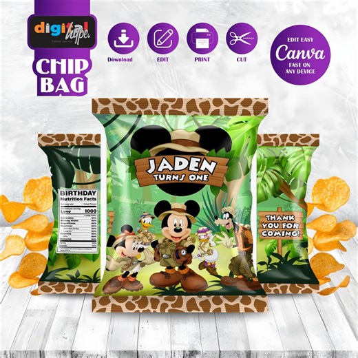 Mickey Safari Chip Bag Labels Minnie Mouse Anime Theme Birthday Favors Printable Daisy Duck Gift Oh Twodles Party Decor Goofy Keepsake MK06 - Etsy