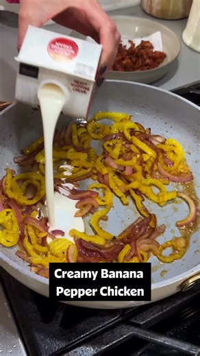 Do you have chicken breast on hand and twenty minutes? ⏲️ If so, Creamy Banana Pepper Bacon Chicken is on the menu tonight! It’s creamy, flavorful, and when paired with orzo, it makes the perfect meal. 🍽️ Click the link in @allrecipes bio to get the recipe or keep reading: Ingredients: 5 slices bacon, chopped 4 boneless skinless chicken breasts, pounded to even thickness 1 teaspoon kosher salt 1/2 teaspoon pepper 1/2 teaspoon garlic powder 1/2 medium red onion, thinly sliced 1/2 cup sliced bana