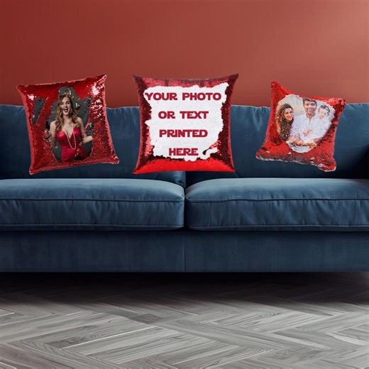 Red sequin pillow with custom photo and  message