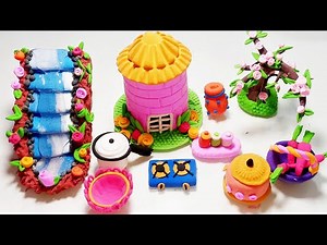 DIY How to make polymer clay miniature house, tree, kitchen set and stream | Art by Ab