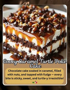 Gooey Caramel Turtle Poke Cake 📝 Ingredients: 1 box chocolate cake mix (plus ingredients listed on the box) 1 can (14 oz) sweetened condensed milk 1 jar (12 oz) caramel sauce 1 cup chopped pecans 1/2 cup mini chocolate chips or chocolate fudge sauce 1 container (8 oz) whipped topping (Cool Whip) Optional: extra caramel & chocolate drizzle for topping 👩‍🍳 Instructions: Bake the Cake: Prepare and bake chocolate cake according to box directions in a 9x13 inch pan. While still warm, poke holes al