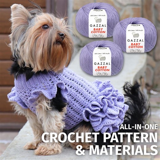 Dog Dress Crochet Kit, Pattern   Cotton Yarn, Pet Sweater With Ruffles DIY, Small Dogs Costume, Craft Kit - Etsy