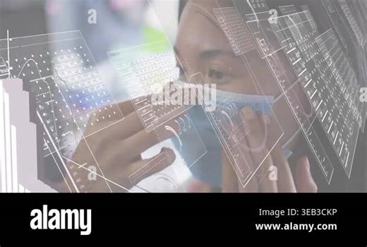 Woman bringing blue surgical mask to face and molding nose strip, activating AR health monitoring. Futuristic, healthtech, digital, hygiene, wellness, biometric, monitoring Stock Video Footage - Alamy