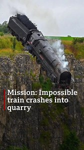 😮 The moment a steam train smashed into a Derbyshire quarry where crews are filming scenes for the new Mission: Impossible movie was captured by local photographers. It's believed Tom Cruise was there too. https://bbc.in/3gtRszr | BBC News India