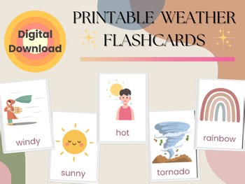 Weather Flashcards For Kids - 12 Weather Cards - Preschool Kindergarten Learning