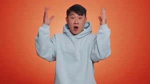 Excited amazed man showing head explosion, looking worried shocked surprised guy, wow idea eureka