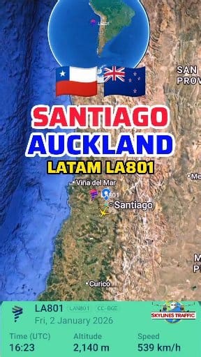 Santiago to Auckland Flight Route | 🇨🇱➡️🇳🇿 | LATAM LA801 | Long Flight Across the South Pacific Ocean Enjoy a long-distance flight from Santiago, Chile 🇨🇱 to Auckland, New Zealand 🇳🇿, a spectacular flight that crosses the vastness of the South Pacific Ocean 🌊. This flight departs from Arturo Merino Benítez International Airport (SCL) and lands at Auckland International Airport (AKL). With a distance of approximately 9,788 km, this flight takes 11 hours and 39 minutes, making it one of t