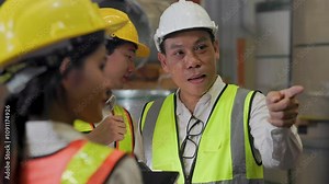 Slowmotion. Unity and teamwork. Asian team engineer worker working control sheet metal roof tile roll forming machine at metal sheet profiling factory. Industrial production