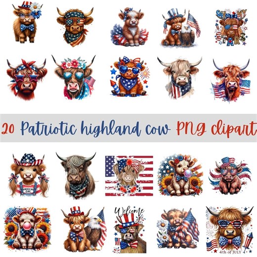 Patriotic highland cow clipart | Memorial Day clipart | 4th of July Shirt print | baby highland cow PNG | American clipart | commercial use.