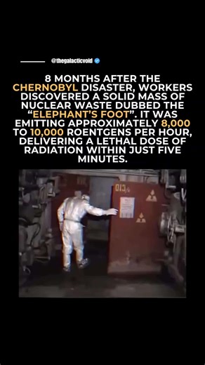18K views · 167 reactions | In the aftermath of the Chernobyl disaster, workers discovered a terrifying sight beneath Reactor No. 4—a black, lava-like mass later nicknamed the “Elephant’s Foot.” ☢️ Formed from melted nuclear fuel, sand, and concrete, it emitted enough radiation in 1986 to kill a person in minutes. This haunting relic remains one of the most radioactive objects ever found. | The Galactic Void | Facebook