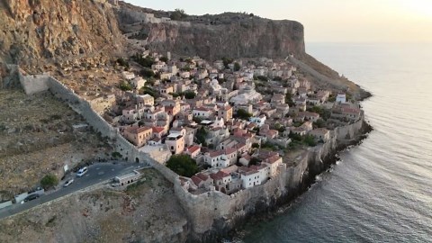 Drone Flight Over Monemvasia: Stunning Greek Medieval Fortress Town