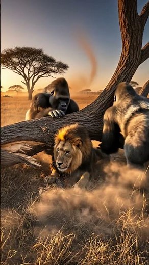 Unbelievable Rescue: Gorillas Lift a Tree to Save a Lion! 💪🦍🦁